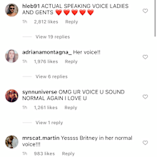 Britney Spears' followers notice her voice sounding noticeably 'more normal' on Instagram.