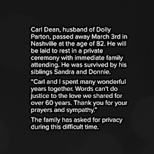 Dolly Parton's Instagram statement confirming death of husband Carl Dean