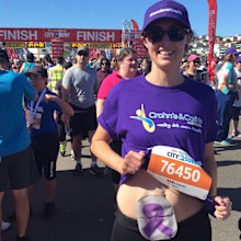 Sam Abarca, pictured running the City to Surf, had her bowel removed due to ulcerative colitis, but a new drug called Golimumab, branded as Simponi, could help patients avoid that. 