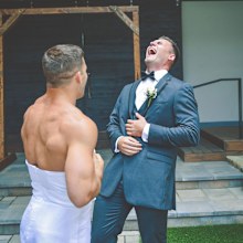 Bride pranks groom with best man wearing a wedding dress