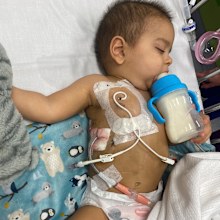 Leo in hospital after being diagnosed with cancer.