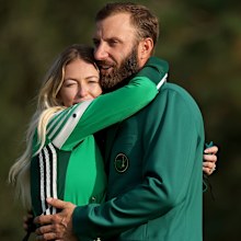 Paulina Gretzky and Dustin Johnson hug after the Masters 2020 final round.