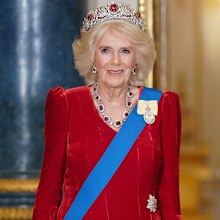 Queen Camilla wearing the late Queen Elizabeth II's Burmese Ruby Tiara
