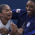 Jordan Chiles and Simone Biles celebrate as they see the scores and win bronze and silver medals in the floor routine on Aug. 5, 2024, at Bercy Arena during the Paris Olympics. (Brian Cassella/Chicago Tribune)