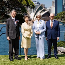 Australia's Governor-General Sam Mostyn and her husband Simeon Beckett with Princess Anne and Sir Tim Laurence on Saturday November 8, 2025, at Government House in Sydney.