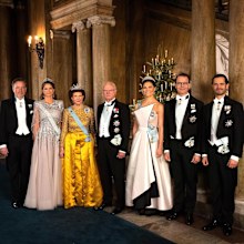 Sweden's royal family at the 2025 Nobel Prize awards, December 10. L-R: Christopher O'Neill, Princess Madeleine, Queen Silvia, King Carl XVI Gustaf, Crown Princess Victoria, Prince Daniel and Prince Carl Philip.