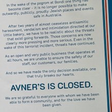 The Australian Jewish Association shared this photo to Instagram, announcing Avner's bakery had closed.