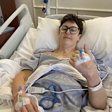 Amelia Higgs in hospital after surgery for borderline complex ovarian cysts.
