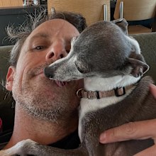 Seth Meyers with his dog Frisbee