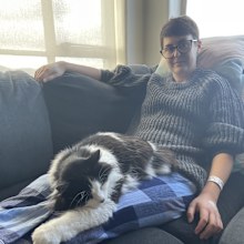 Amelia Higgs at home after surgery for borderline complex ovarian cysts.
