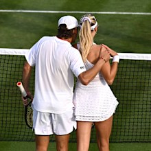 Katie Boulter of Great Britain and partner Alex De Minaur of Australia interact against Joran Vliegen of Belgium and Xu Yifan of People's Republic of China in the Mixed Doubles Round Two match during day seven of The Championships Wimbledon 2023 at All England Lawn Tennis and Croquet Club on July 09, 2023 in London, England. 