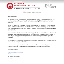 A letter from the university president apologising for the incident.
