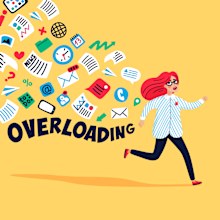 Cartoon of young woman running away from information stream: images of papers and emails chasing her. Concept of person overwhelmed by information. Colorful vector illustration in flat style