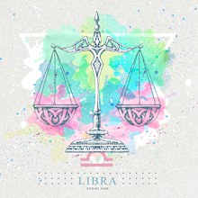 Modern magic witchcraft card with astrology Libra zodiac sign on artistic waterclor background. Realistic hand drawing scales illustration.