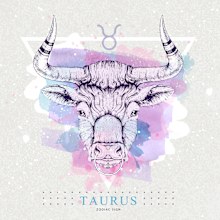 Modern magic witchcraft card with astrology Taurus zodiac sign on artistic watercolor background. Realistic hand drawing bull head