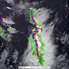 Pre-dawn satellite image with radar and lightning strikes in the last hour for NSW and northern Victoria.