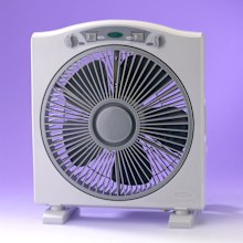 Modern desk cooling fan over white and purple background.