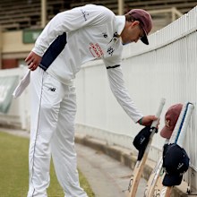 Todd Murphy of Victoria places his bats and cap in honour of the late Ben Austin during a minutes silence and tribute on day four of the Sheffield Shield  match between Victoria and Tasmania at CitiPower Centre, on October 31, 2025, in Melbourne, Australia. 