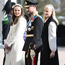 OSLO, NORWAY - APRIL 8: Crown Prince Haakon of Norway, Crown Princess Mette-Marit and Princess Ingrid Alexandra attend the welcoming ceremony at The Royal Palace in conjunction with the Icelandic State Visit on April 8, 2025 in Oslo, Norway. (Photo by Rune Hellestad - Corbis/Getty Images)