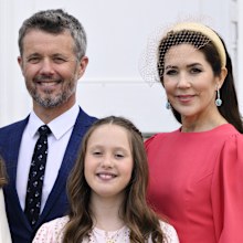 From left, Denmark's Prince Christian, Prince Vincent, Princess Isabella, Crown Prince Frederik, Princess Josephine and Crown Princess Mary pose for photographs in front of the Palace after Princess Isabella's confirmation, at Fredensborg Palace Church in Fredensborg, Denmark, Saturday April 30, 2022. (Philip Davali/Ritzau Scanpix via AP)