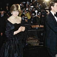 Lady Diana Spencer arrives in a revealing David Emanuel black dress for her first official engagement with Prince Charles at a fundraising concert at Goldsmith's Hall, London in March 1981 a few months before her marriage.  London, GREAT BRITAIN - 03/1981