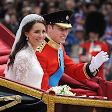 Prince William, Duke of Cambridge and Catherine, Duchess of Cambridge wearing the Cartier Halo tiara depart Westminster Abbey after there marriage on April 29, 2011 in London, England. 