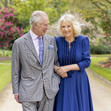 King Charles III and Queen Camilla stand in Buckingham Palace Gardens on Wednesday April 10, 2024, the day after their 19th wedding anniversary.    