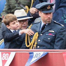 Prince William, Prince of Wales and Prince Louis during the military procession to mark the 80th anniversary of VE Day on May 05, 2025 in London, England.