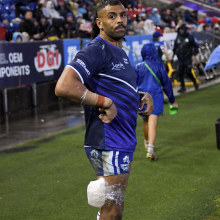 Josh Addo-Carr on the sideline with an ice pack strapped to his leg after suffering a hamstring injury against the Knights. 