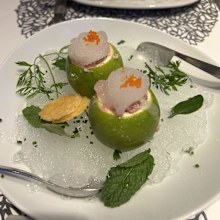 The 'Citrus Seas Shhhh' dish at Wonderland which contained spicy tuna and floral yuzu granite.