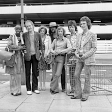 The Blue Mink pop group including Roger Cook, wearing hat, Madeline Bell, left, and bass player Herbie Flowers, second right