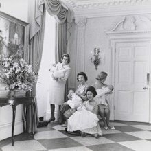 Queen Elizabeth II, Princess Margaret, Princess Alexandra and The Duchess of Kent – holding their newborn babies.