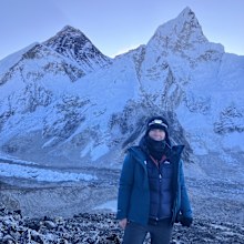Suzanne at Everest Base Camp, 50 years after her dad visited.