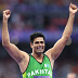 Arshad Nadeem of Team Pakistan reacts while competing in the Men's Javelin Throw Final on day thirteen of the Olympic Games Paris 2024 at Stade de France on August 08, 2024 in Paris, France.