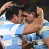 Argentina's Agustin Creevy and Pablo Matera celebrate a try against New Zealand.