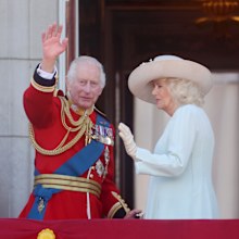 King Charles III and Queen Camilla during Trooping the Colour at Buckingham Palace on June 15, 2024 in London, England. 