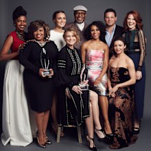 The cast of 'Grey's Anatomy'  actors Ellen Pompeo, Justin Chambers, Jessica Capshaw, Jerrika Hinton, Chandra Wilson, Caterina Scorsone, Sarah Drew, Kelly McCreary, and James Pickens Jr.  pose for a portrait at the 2016 People's Choice Awards at the Microsoft Theater on January 6, 2016 in Los Angeles, California. (Photo by Smallz & Raskind/Getty Images for The People's Choice Awards)