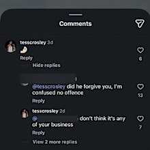 BLURRED  tess crosley comments under ben crosleys instagram
