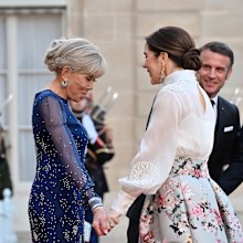 PARIS, FRANCE - MARCH 31: French President Emmanuel Macron (R), his wife Brigitte Macron (L) welcome King Frederik X (not seen) and Queen Mary (2nd R) of Denmark  at the Elysee Presidential Palace in Paris, France on March 31, 2025. (Photo by Mustafa Yalcin/Anadolu via Getty Images)