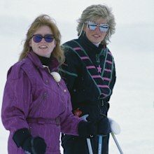Sarah Ferguson, Duchess of York, and Diana Princess of Wales at Klosters ski report in 1988.