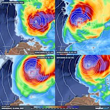 Forecast 24-hour rainfall and mean sea level pressure (MSLP) at 7pm AWST on Wednesday, April 12, according to four different computer models.