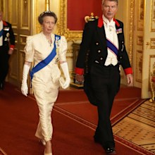 WINDSOR, ENGLAND - SEPTEMBER 17:  Princess Anne, Princess Royal and Vice Admiral Timothy Laurence arrive for the State Banquet hosted by King Charles III and members of the Royal Family at Windsor Castle during the state visit by the President of the United States of America on September 17, 2025 in Windsor, England. President Trump is in England from Sept. 16-18 on his second UK state visit, with the previous one taking place in 2019 during his first presidential term.  (Photo by Aaron Chown-WP