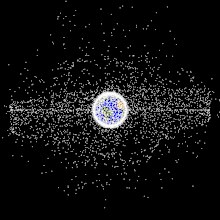 Simulation of orbital debris around Earth demonstrating the object population in the geosynchronous region.