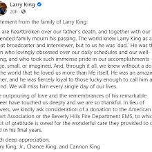 Larry King, sons, pay tribute, Facebook message, statement