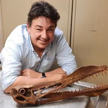 Tim Richards is pictured with the skull of an anhanguerian pterosaur.