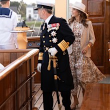 King Frederik and Queen Mary of Denmark on board the royal yacht Dannebrog during their summer cruise to Samsø Municipality on August 28, 2025.