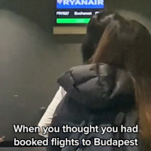 TikToker SopheAlice lining up for her flight to Bucharest instead of Budapest.