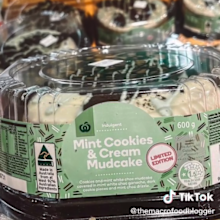 photo of Woolies new limited edition mint cookies and cream mudcake in packaging.