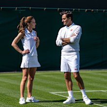 LONDON, ENGLAND - JUNE 24:  In this handout images released by Kensington Palace on June 24, 2023, Catherine, Princess of Wales and Wimbledon Champion Roger Federer talk before playing tennis on No.3 Court at The All England Lawn Tennis Club, Wimbledon, on June 8, 2023 in London, England. (Photo by Handout/Thomas Lovelock - AELTC via Getty Images)