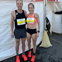 Jessica Stenson (right) and Tom Middleton, who paced the marathon champion superbly.